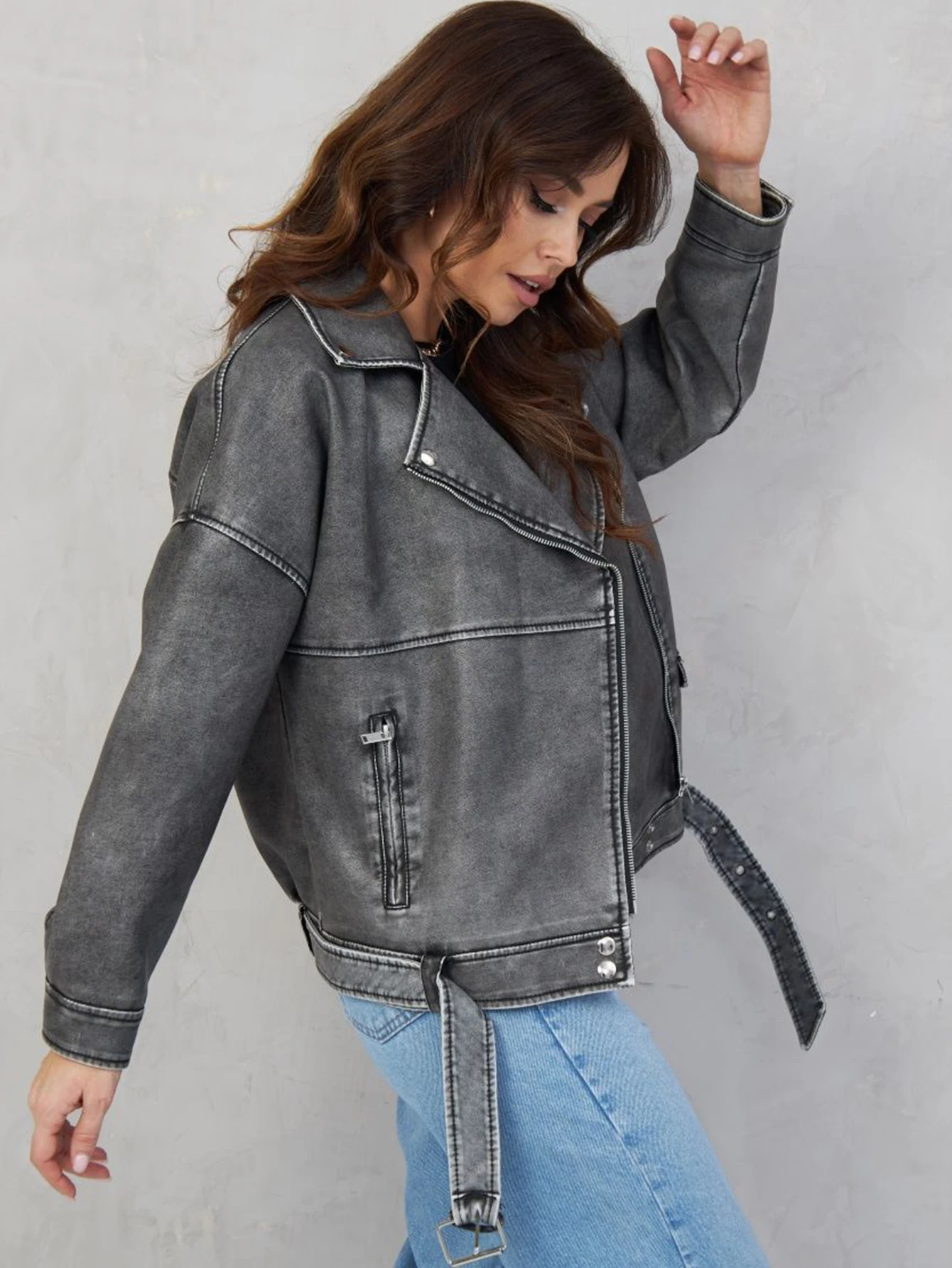 FTLZZ Autumn Winter Women Faux PU Leather Jacket High Street Lady Motorcycle Leather Outwear Female Loose Coat