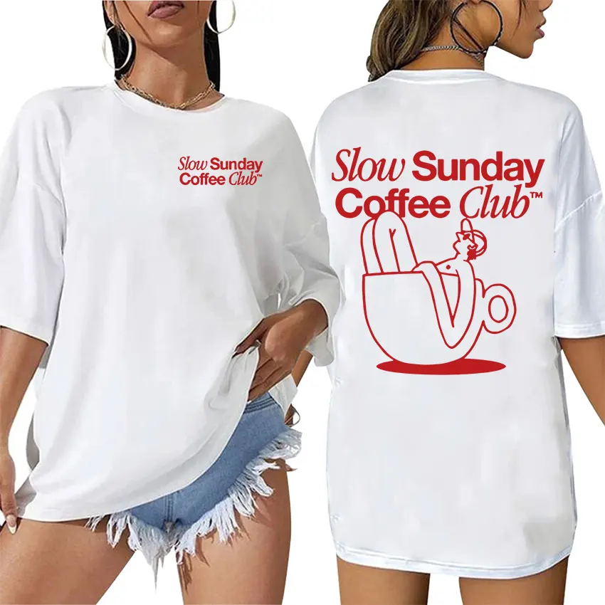 

Забавные футболки Slow Sunday Coffee Club с мемом для мужчин и женщин, летняя Эстетическая одежда, футболки, топы, Повседневная футболка большого размера из 100% хлопка