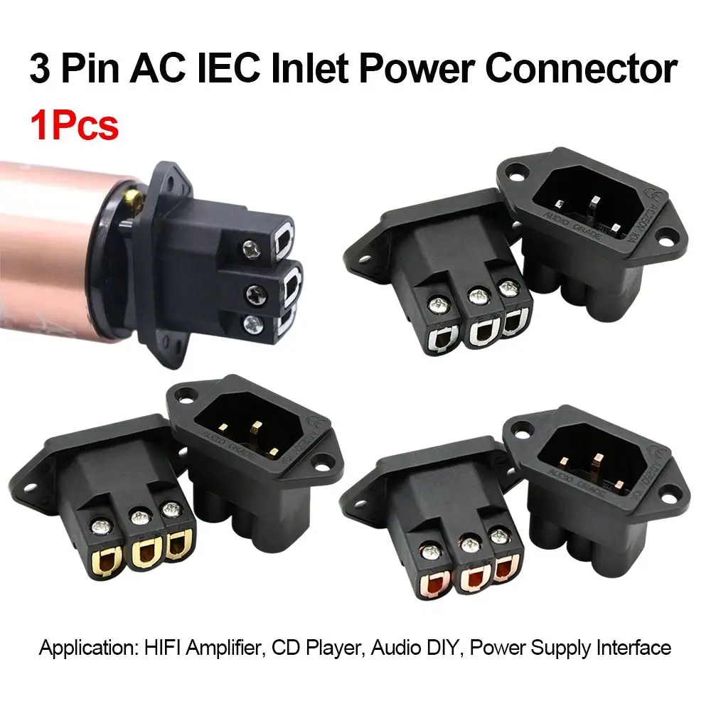 1Pcs 3 Pin AC IEC Inlet 4N Red Copper Solder-Free Screw Crimping Solder-Free Panel Mount Plug Audio DIY Modification