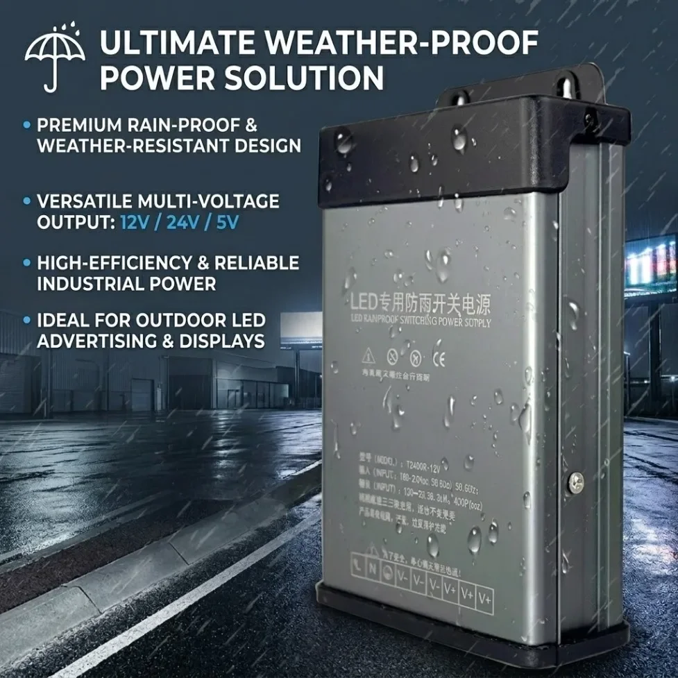 AC180-260V to DC5V/12V/24V/36V/48V Rainproof SMPS Power Supply 60W/120W/200W/400W/600W Filtered Outdoor LED Transformer Adapter