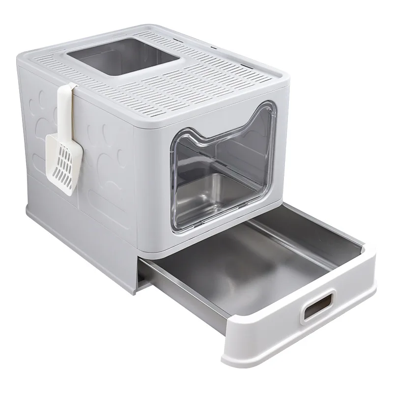Caja de arena para gatos inox cerrada plegable, antisalpicaduras - imagen 2