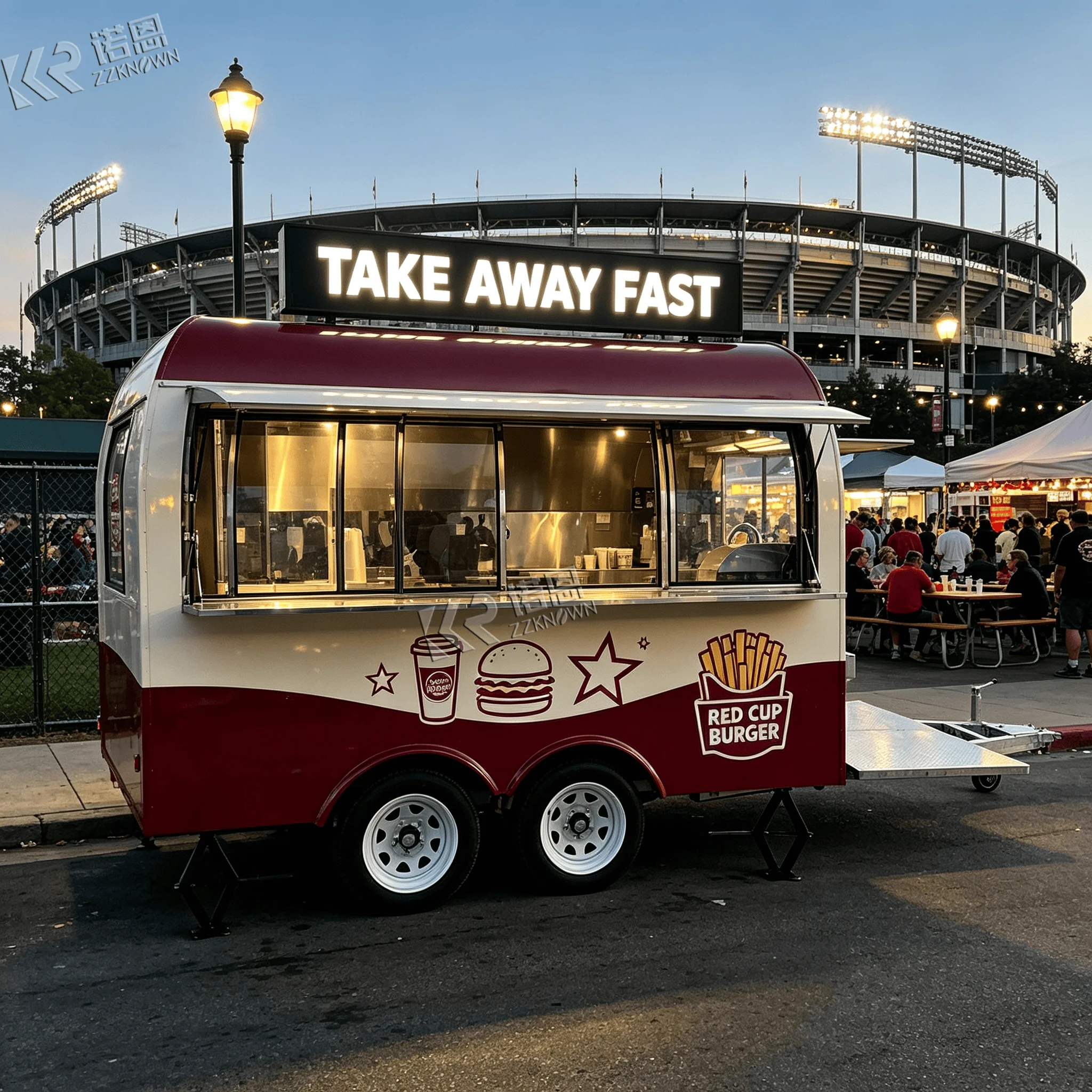 2.2m Curved‑Shape Towable Food Truck & Food Trailer 304 Stainless Steel for Theme Park Light Snack Concession Stall