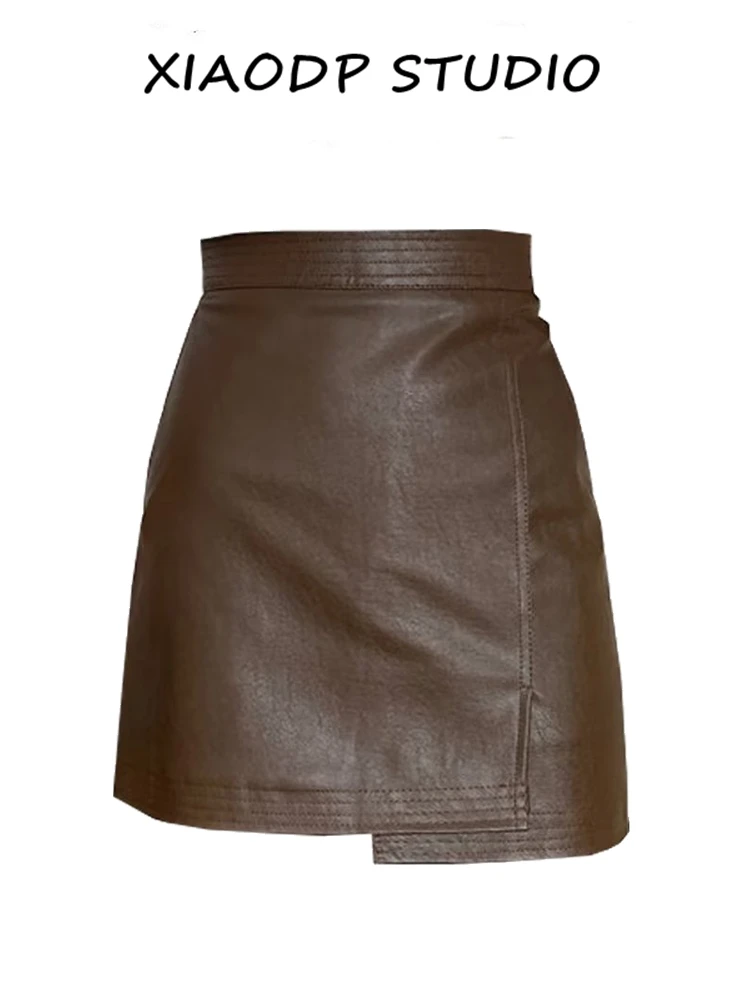 

American Retro Brown PU Skirt Women's plus Size High Waist Asymmetrical ort Skirt Autumn Sle Commute Pure Color