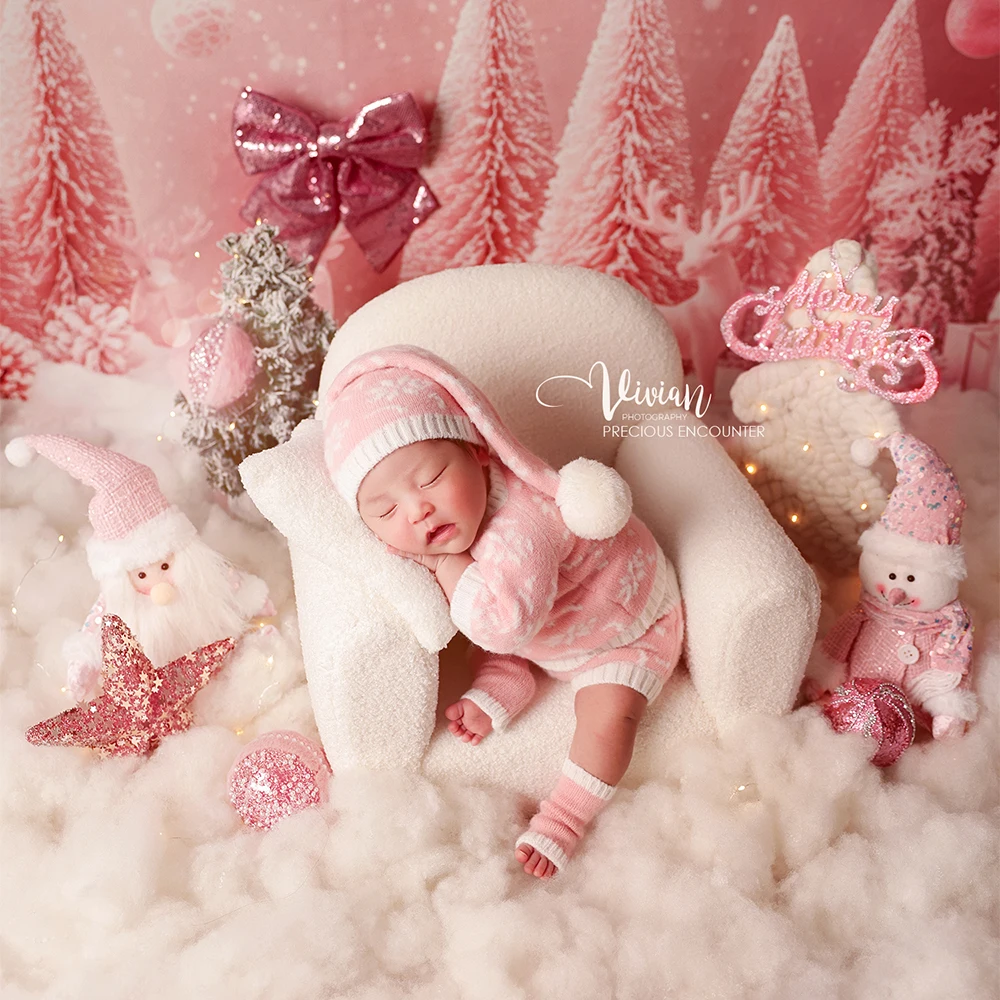 Pink Christmas Newborn Photography Props Set Knitted Baby Costume Santa Dolls Xmas Tree Decor Props for Baby Photo Studio Shoot