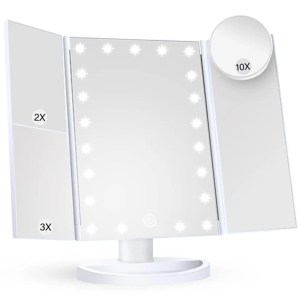

Makeup Mirror with A Light, 2x, 3x, and 10x Magnification, Touch Control, Tri-fold Design, and A White Finish