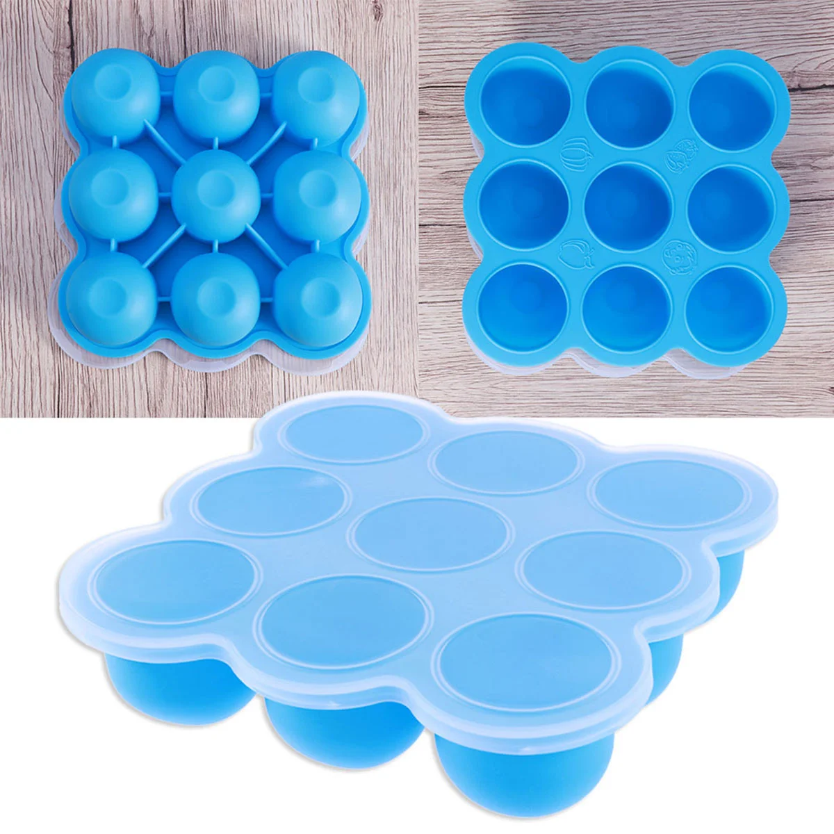 

Safety Silicone Portabable Baby Food Container Infant 9 Lattice Jelly Storage Box Freezer Tray Crisper (Sky-blue)