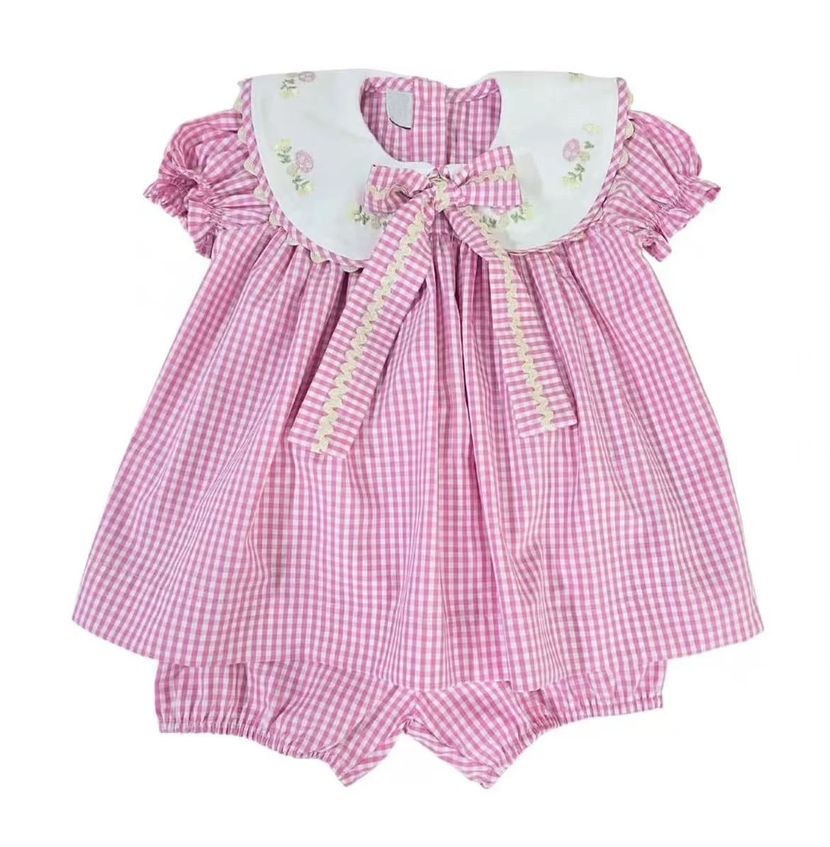 Baby Girl Summer 2Pcs Outfit Pink Plaid  Floral Embroidery Dress for Birthday Party Photography Casual B708