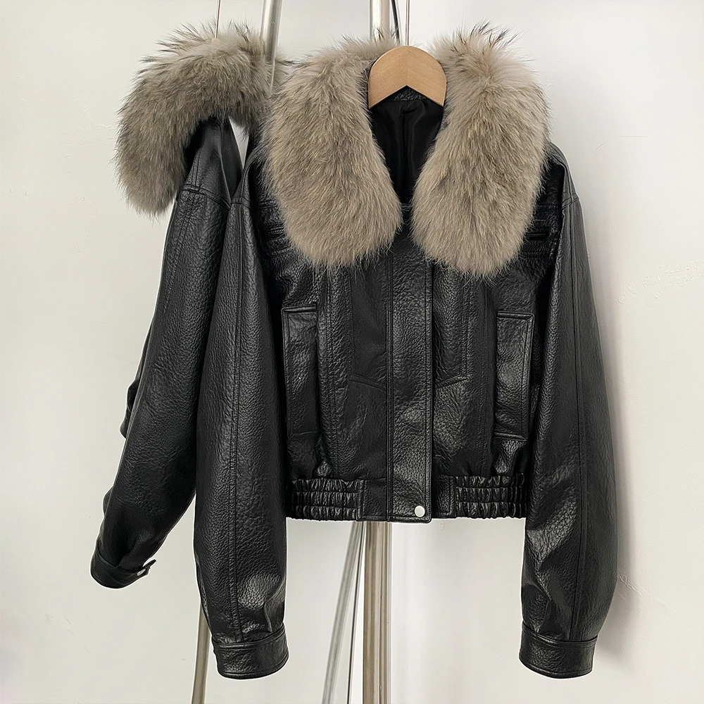 Reality Natural Real Fur Jacket Black Leather Jacket Women's Jacket with Fur New Coats and Jackets High Quality Women's Clothing