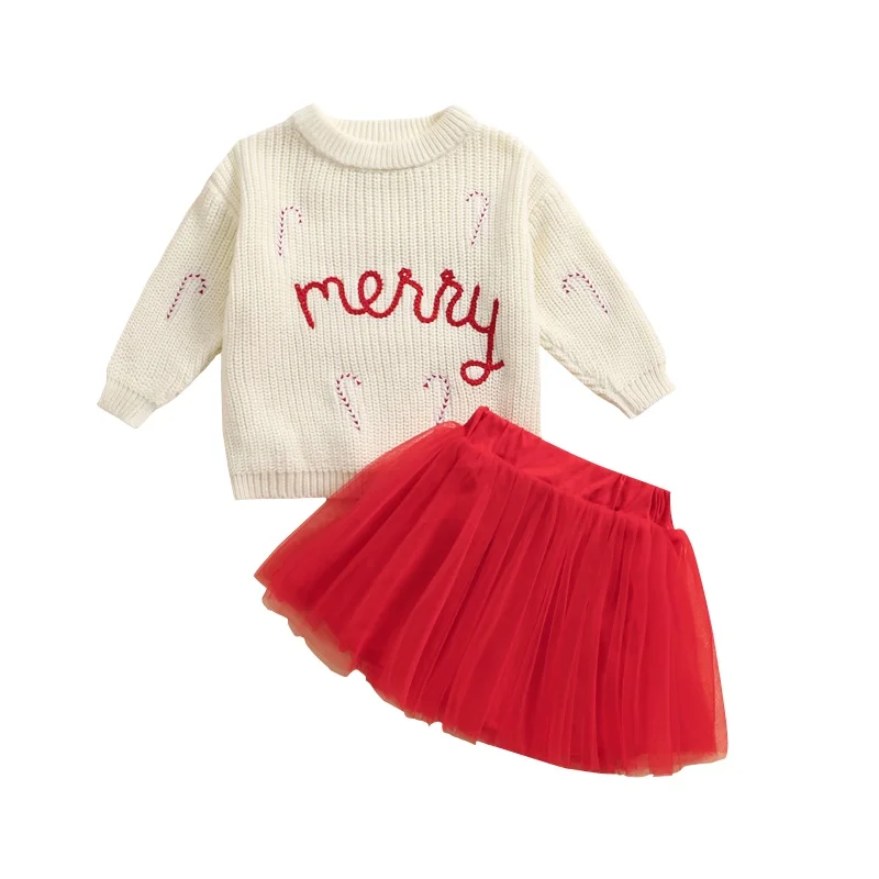 

Cathery Toddler Girl Christmas Outfits Letter Embroidery Crew Neck Long Sleeve Sweater and Tulle Mini Skirts 2Pcs Clothes Set