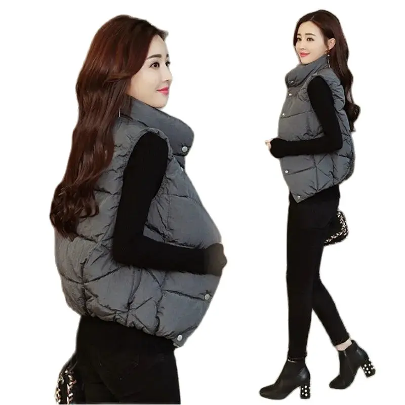 2023 New Down Cotton Vest Women's Winter Short Cotton Coat Thick Female Cotton Quilted Top Stand Collar Sweetheart Outwear Black