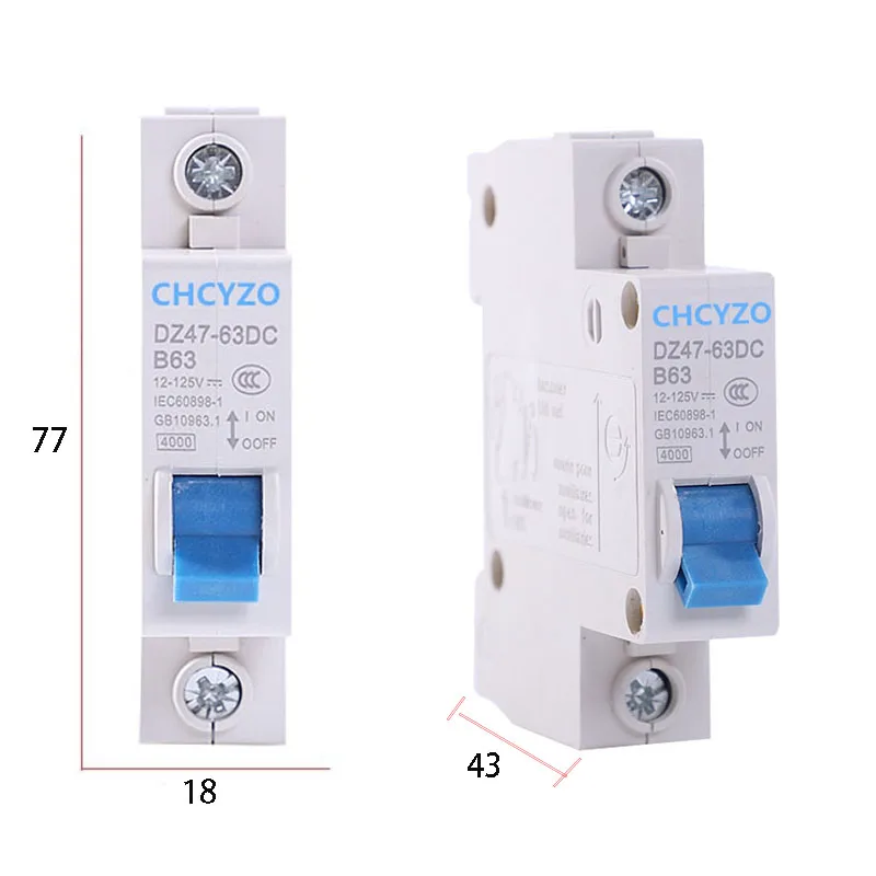 DC Circuit Breaker 12v 24v 36v 48v 60v 72v 110v 120v Interrupters 3A 6A 10A 16A 20A 25A 32A 40A 50A 63A Circuit Overprotector