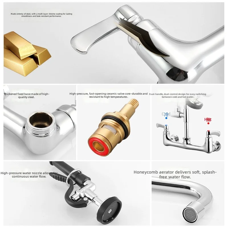 Commercial Faucet, Cold and Hot Water, Wall-Mounted Spring Spout, for Restaurant Hotel Kitchen, Durable and Easy to Install
