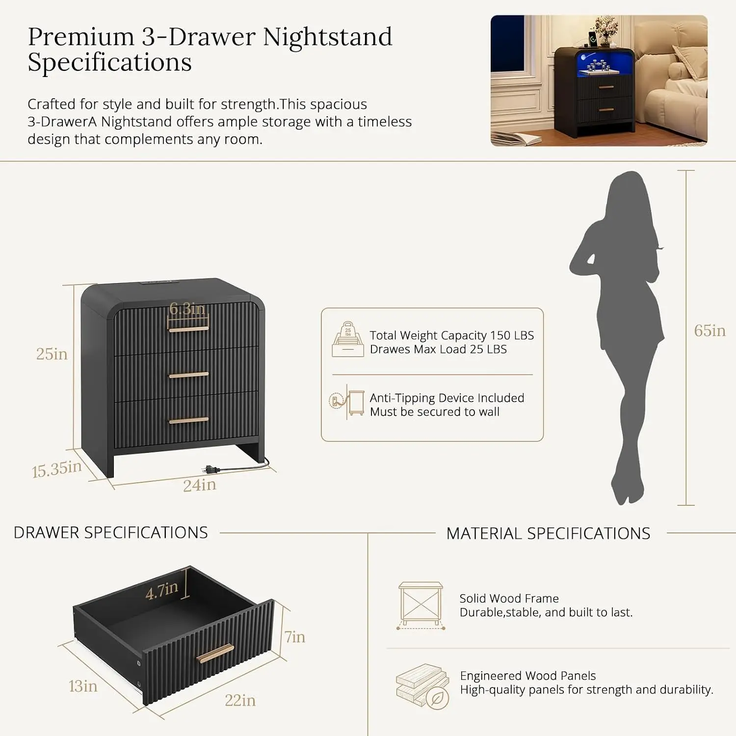 3-Drawer Nightstand with USB C & Outlet, Round Corner Bedside Table Soft-Close for Bedroom, Set of 2, Black, Customized