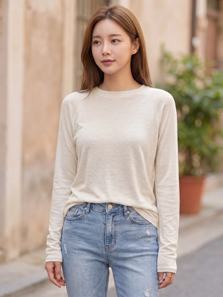 Thin Slightly Translucent Sexy Tshirts Korean Style Long Sleeve Top Spring Summer Blue Casual T-Shirt For Women Womens Tee Shirt