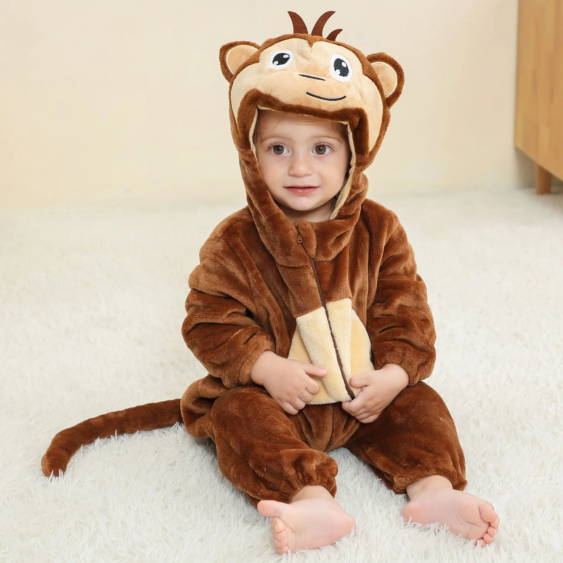 0-4 Years Baby Boys Autumn Winter Rompers Thick Keep Warm Cartoon Cow Fox Dinosaur Lion Cosplay Flannel Bodysuits For Kids