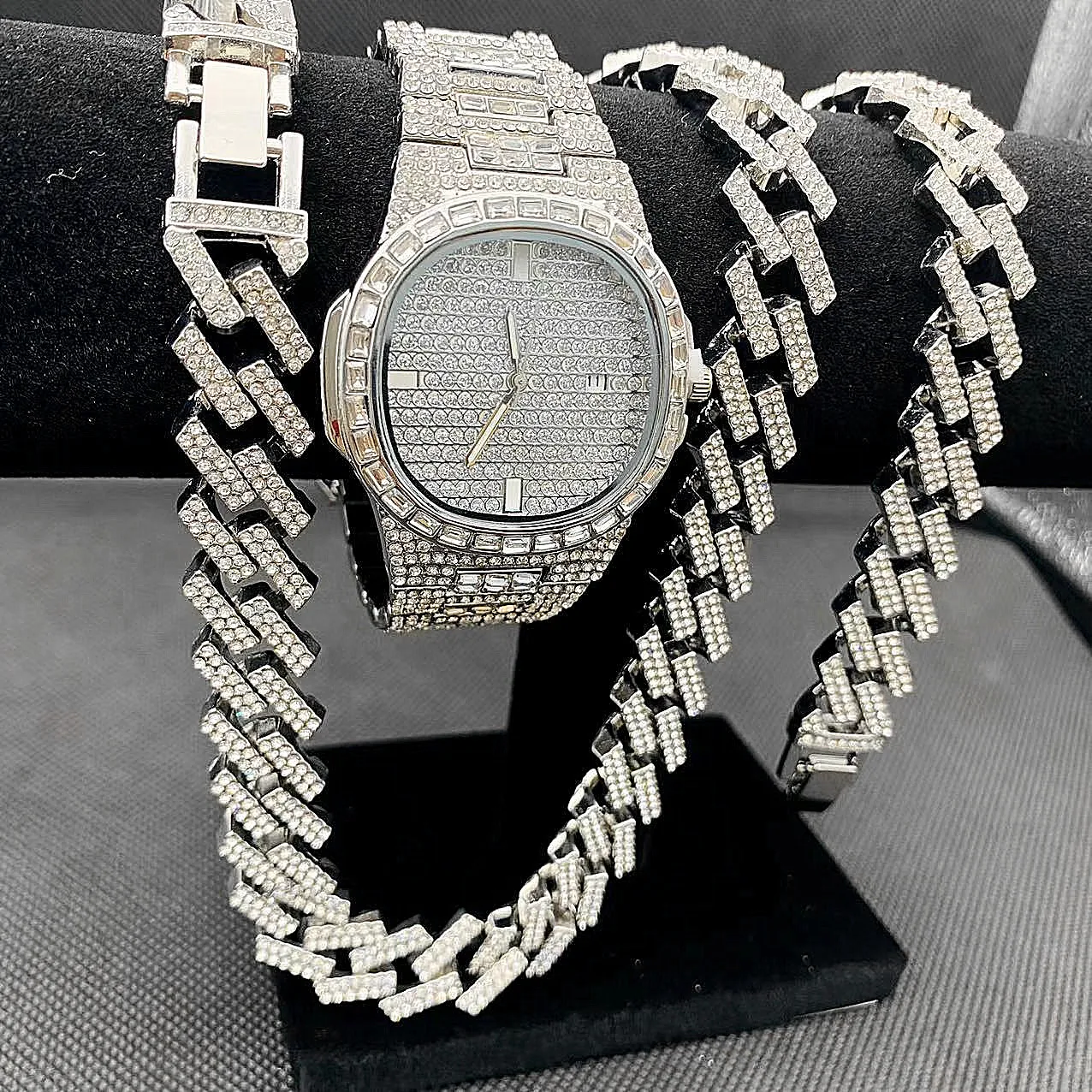 

3PCS Hip Hop Jewelry for Men Iced Out Watch Necklaces Bracelet Bling CZ Diamond Cubana Chains Choker Gold Watch Set Mens Jewelry