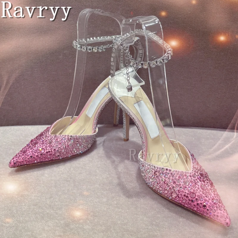 Crystal Pink Gradient Stiletto Sandals for Women Diamond Chain Ankle Strap Thin High Heel Shoes Luxury Bling Ladies Pumps