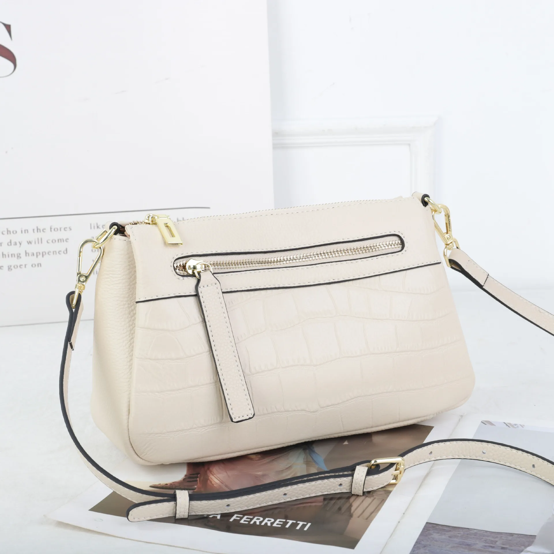 Women's Commuter Minimalist Crossbody Bag Top Grain Cowhide, Multi-pocket Main Compartment Shoulder Bag, Stone Pattern Small Bag