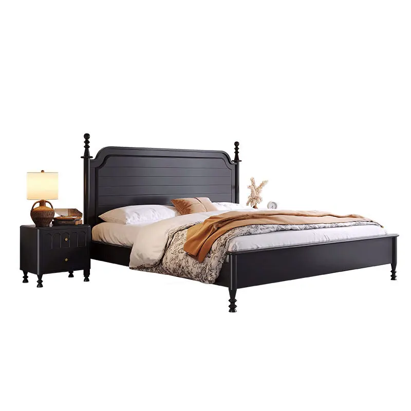 

Black, solid wood bed, small apartment, master bedroom, American style, double, row skeleton.