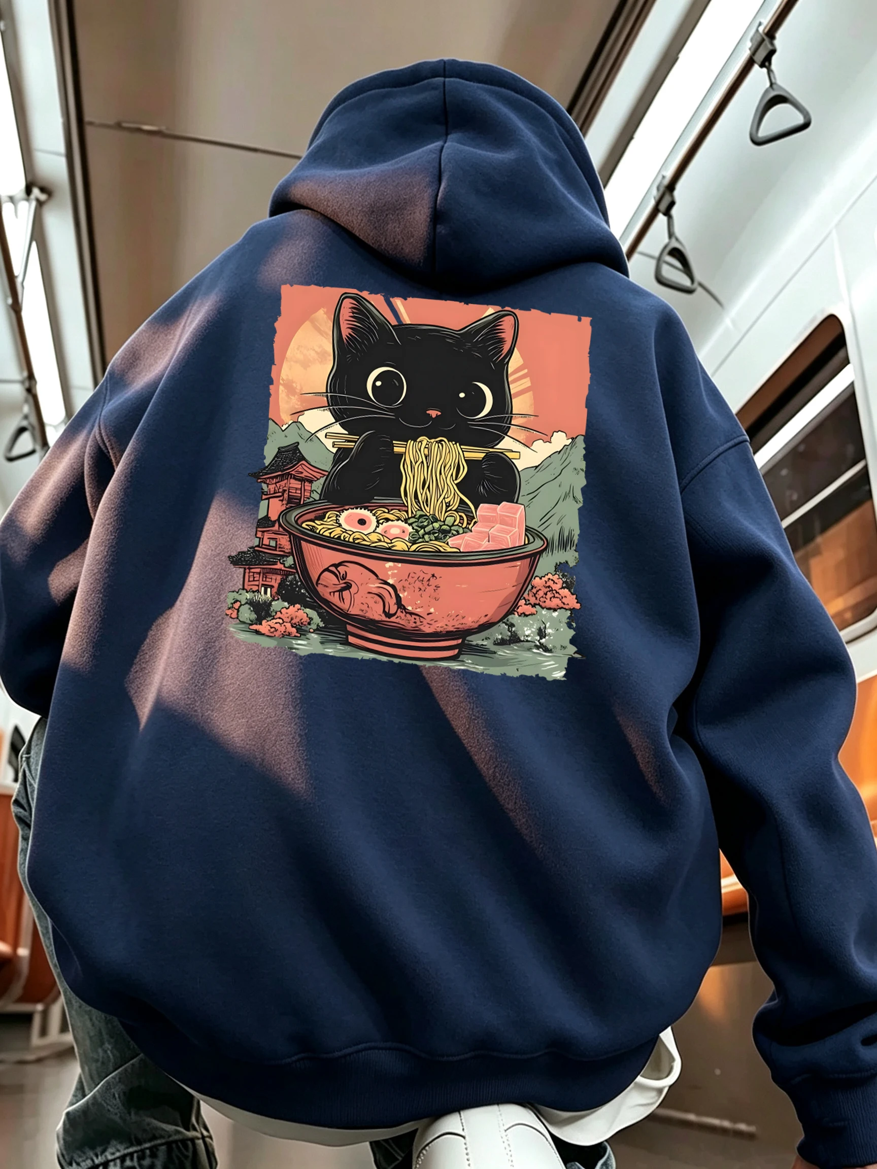 Retro Cats Like To Eat Lamian Noodles Print Men Sport Hoodies Pocket Loose Streetwear All-Match Casual Clothes Autumn Fleece Top