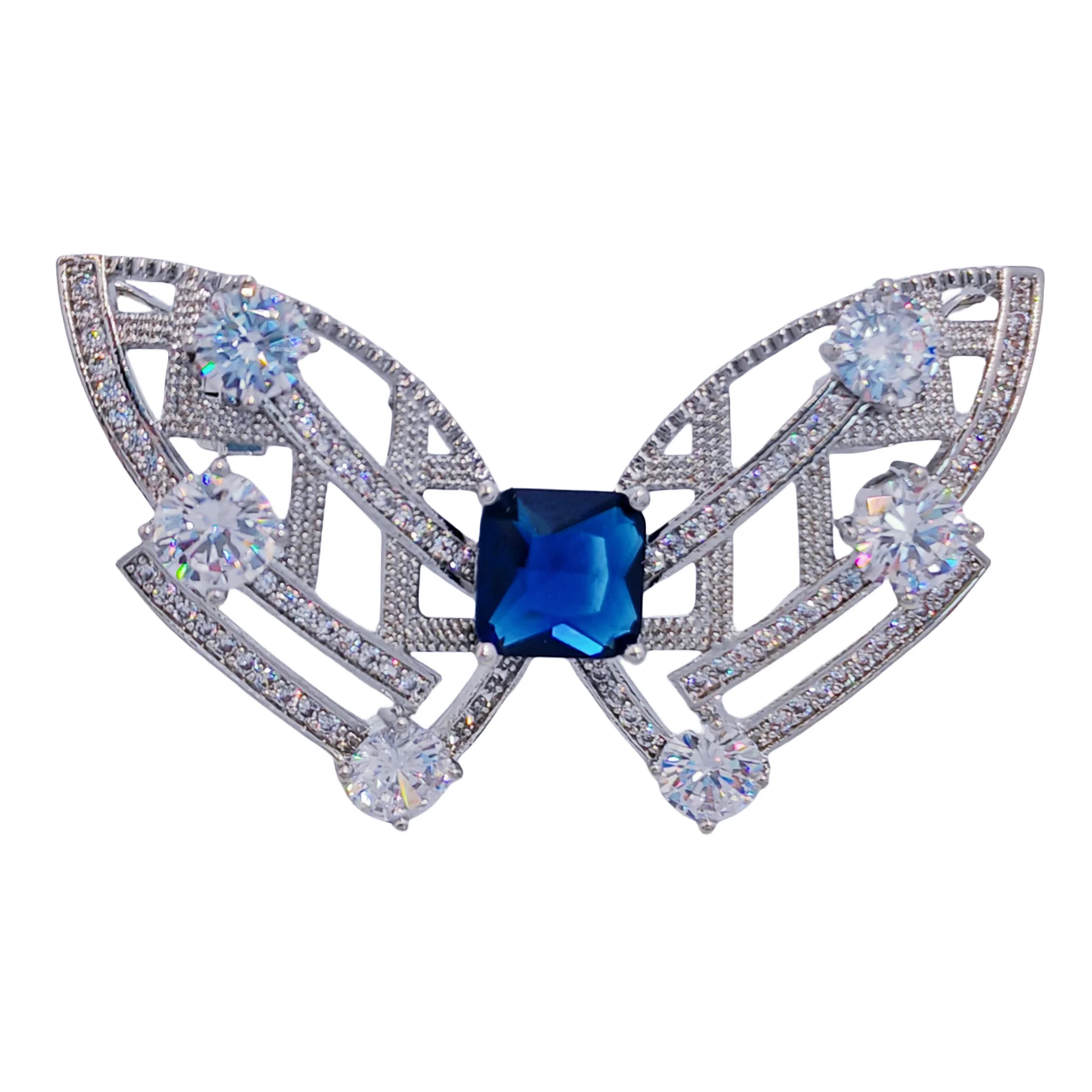 

Modern Art-Inspired Butterfly Geometric Brooch Pins with Blue Stone – Silver-White Bow Design