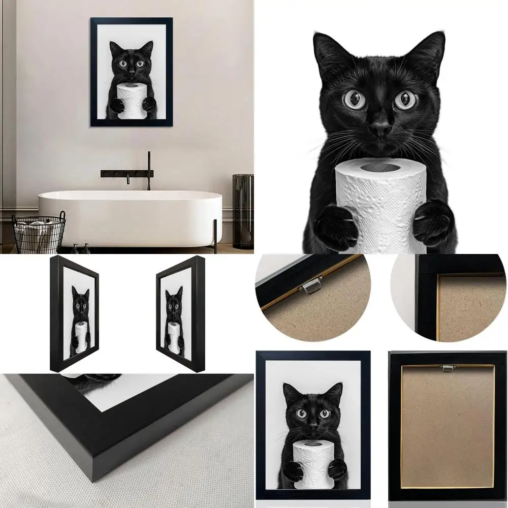 

Черный кот с рулоном туалетной бумаги, холст - юмористический черно-белый декор для стен ванной комнаты
