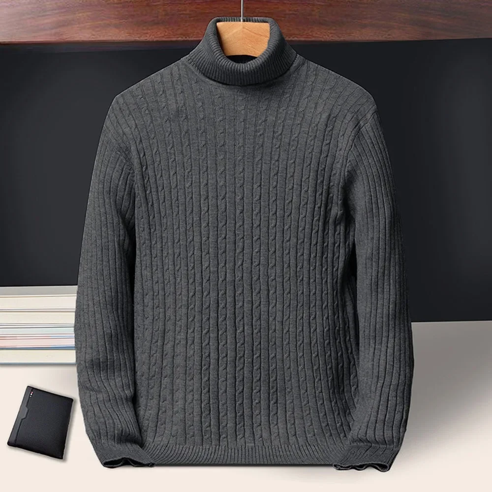 New Men\'s Turtleneck Sweaters Autumn Knitted Striped Streetwear Warm Long Sleeved Pullover Solid Color Basic Style Casual Tops