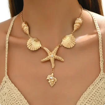 

Ladies Classic Simple Golden Ocean Style Star Conch Series White Acrylic Bead Pendant Necklace Elegant Chain Design Jewelry