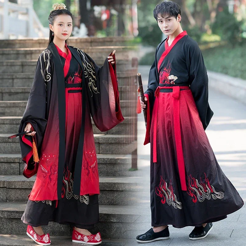 Chinese Dress Black Gradual Change Hanfu China Style Ancient Embroidery Couple Folk Dance Cosplay Costumes Kimono Coat Dresses