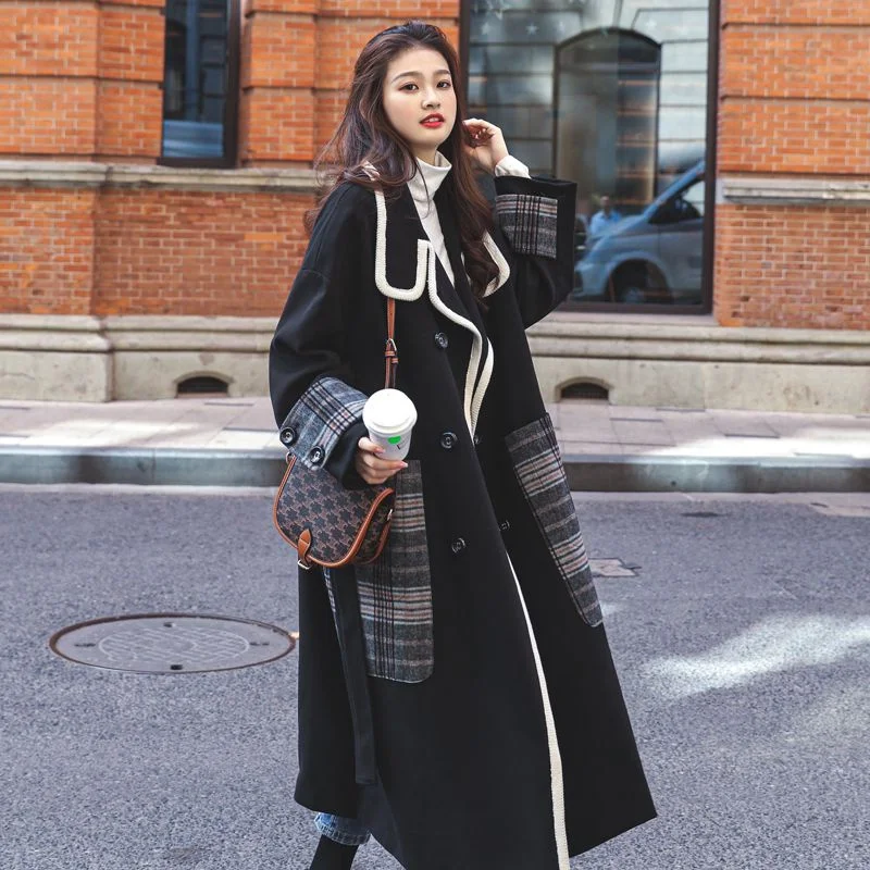 

Пальто женское шерстяное в клетку больших размеров (до 300 фунтов), свободное, длинное, ниже колена, осенне-зимнее, в корейском стиле, однотонное, для повседневной носки