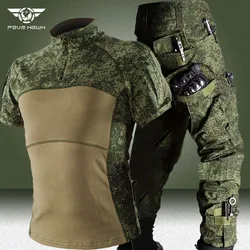 RU Camo Short Sleeve Sets Men Summer Breathable Training Tshirts+Multi-pocket Straight Cargo Pant 2 Pcs Suits Outdoor Combat Set