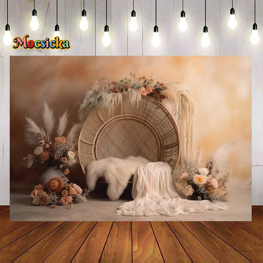 โบฮีเมียนเด็กโชว์พื้นหลังดอกไม้หวายตกแต่งเก้าอี้ถ่ายภาพฉากหลังถ่ายภาพในสตูดิโอแบนเนอร์ภาพศิลปะแม่ตั้งครรภ์