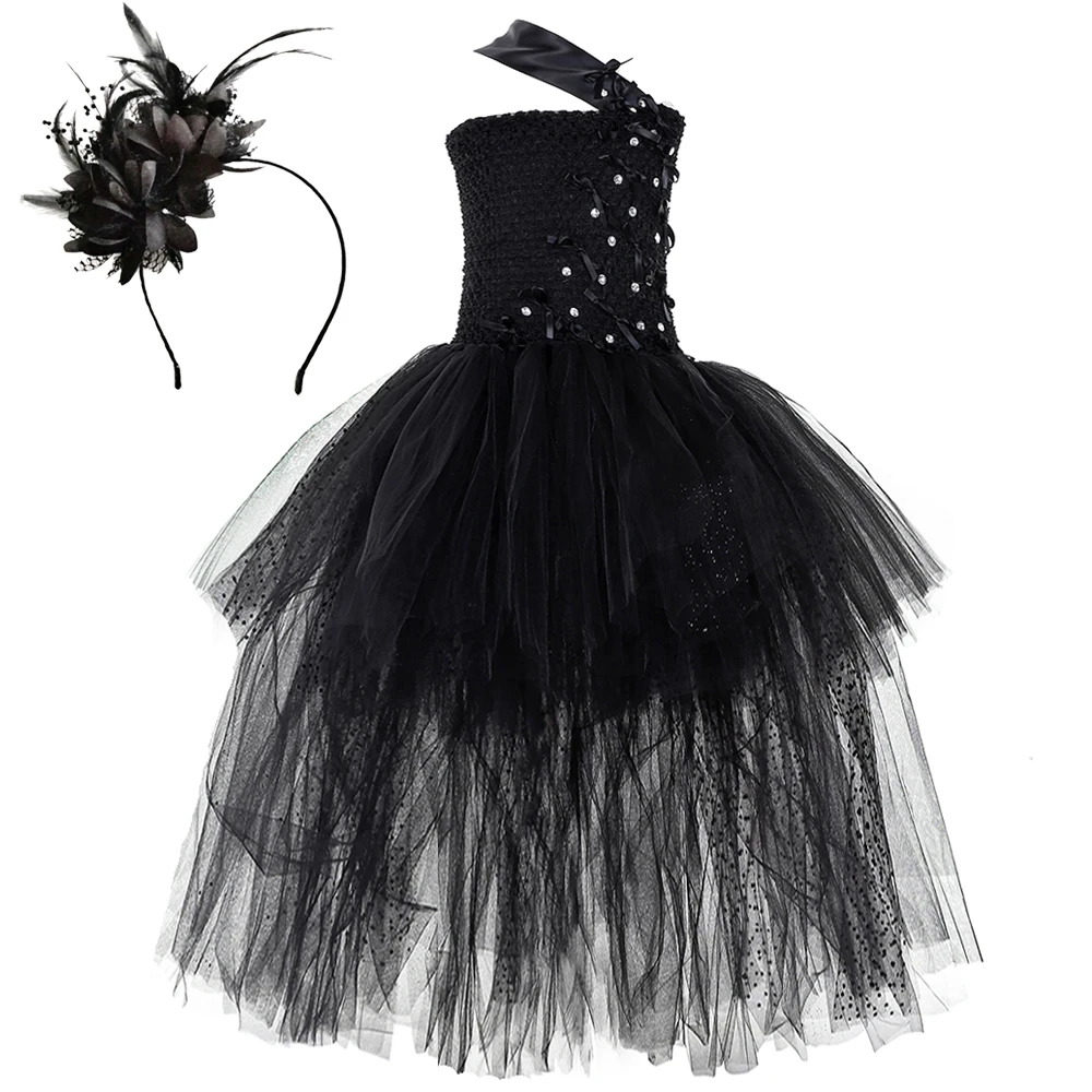 

Black Bows High Low Dresses for Girls Birthday Halloween Costumes for Kids Fancy Tutu Dress Outfit Dance Performance Ball Gown