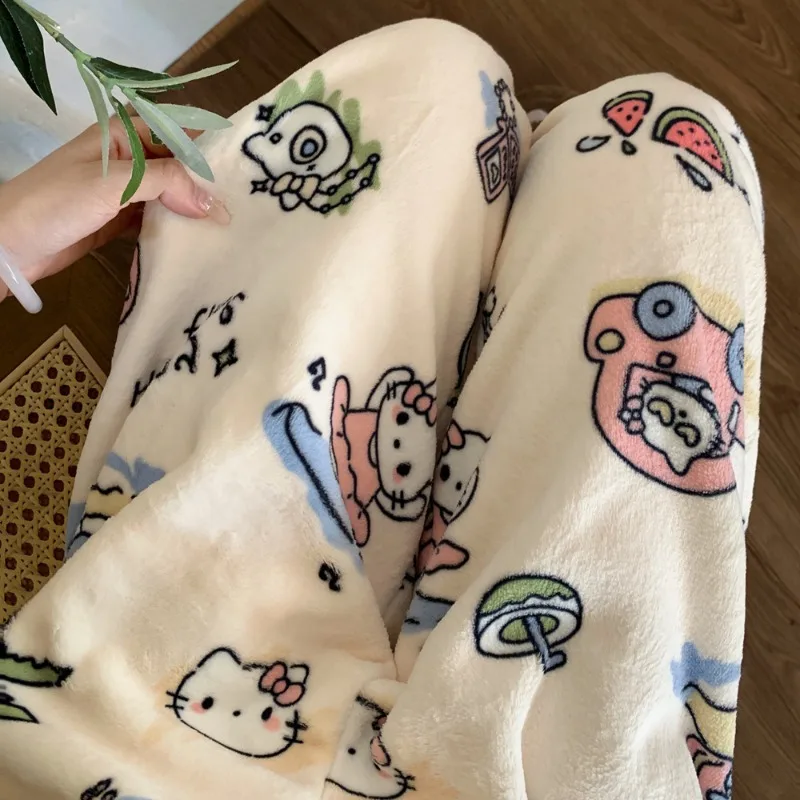 Sanrio Hello Kitty Flannel Pajamas Pants Y2k Girl Warm Woolen Anime Casual Loose Home Pants in Spring Autumn Winter Fashion Pant