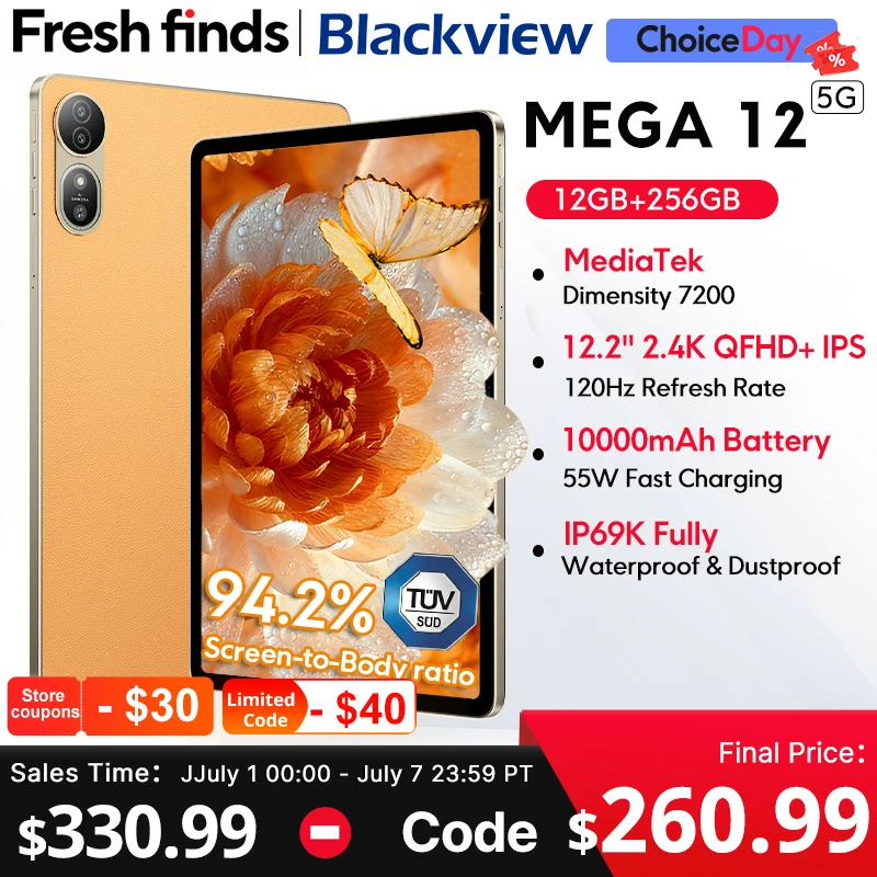 Blackview MEGA 12 Tablet 5G 12.2" 2.4K 120Hz Display Dimensity 7200 CPU IP69K Waterproof 50MP Camera 10000mAh Pad PC