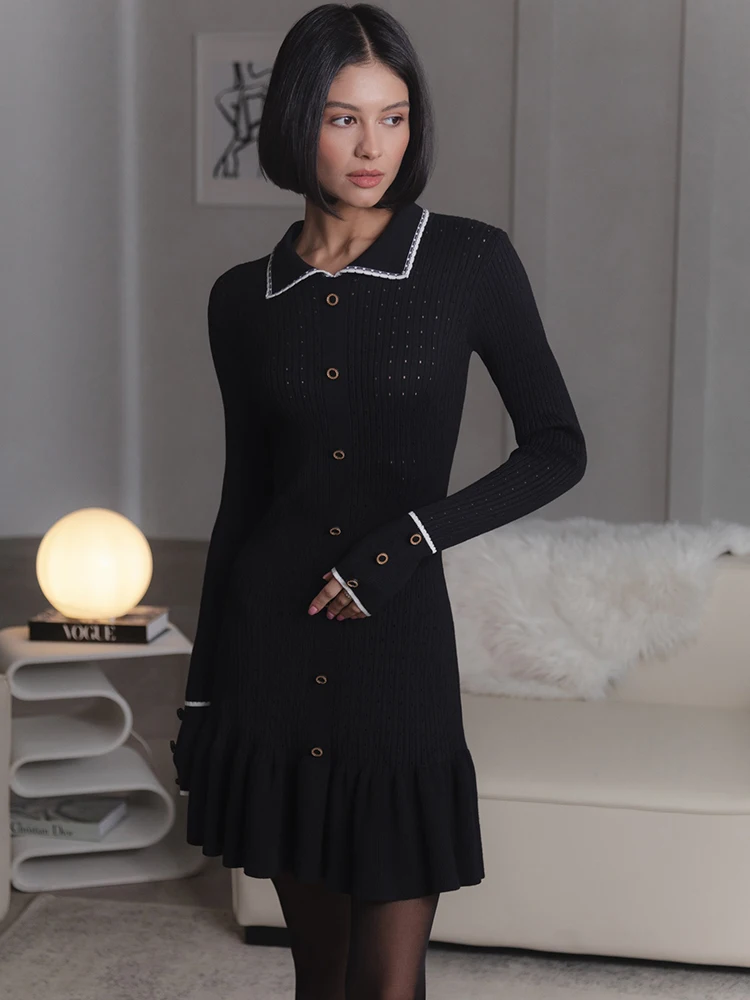 Fantoye Knitted Turn-down Collar Button Women Dress White Long Sleeve High Waist Dress Female Autumn Slim Casual Party Clubwear