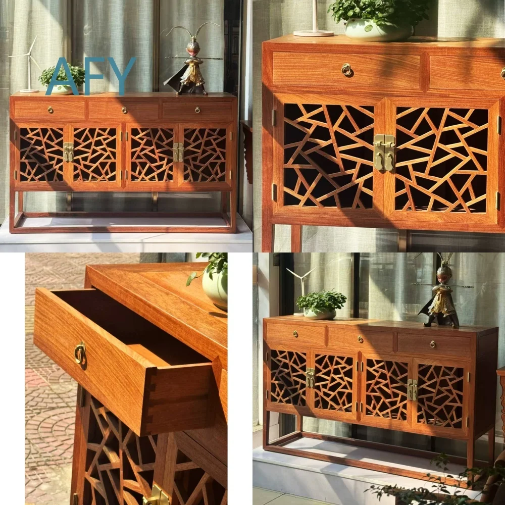 Medieval Walnut Wooden Retro Ice Flower Crack 4 Door Locker Cabinet for Porch Entryway Hallway Storage Furniture for Home