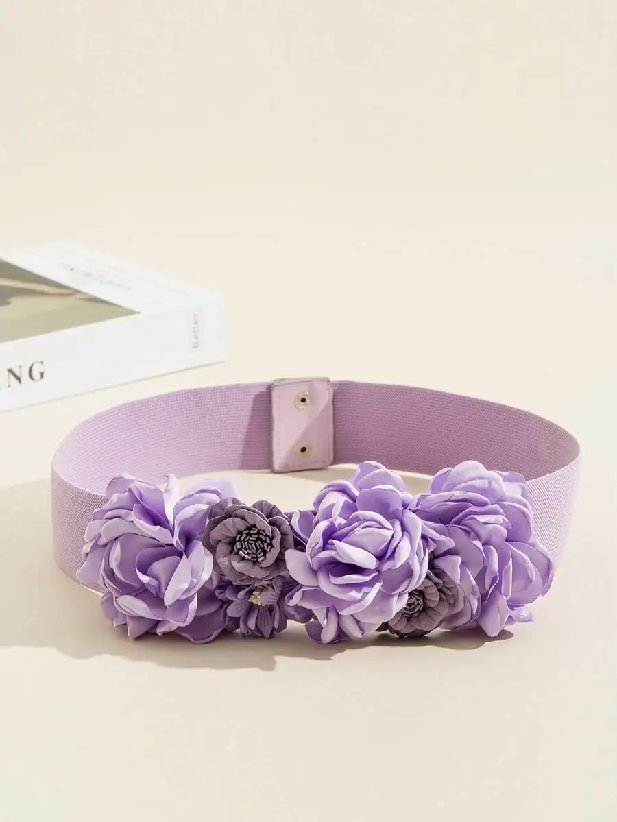 1pc Women French Elegant 3D Camellia Burnt Edge Handmade Fabric Flower Waist Belt With Elasticity And Simulation Flower Decor