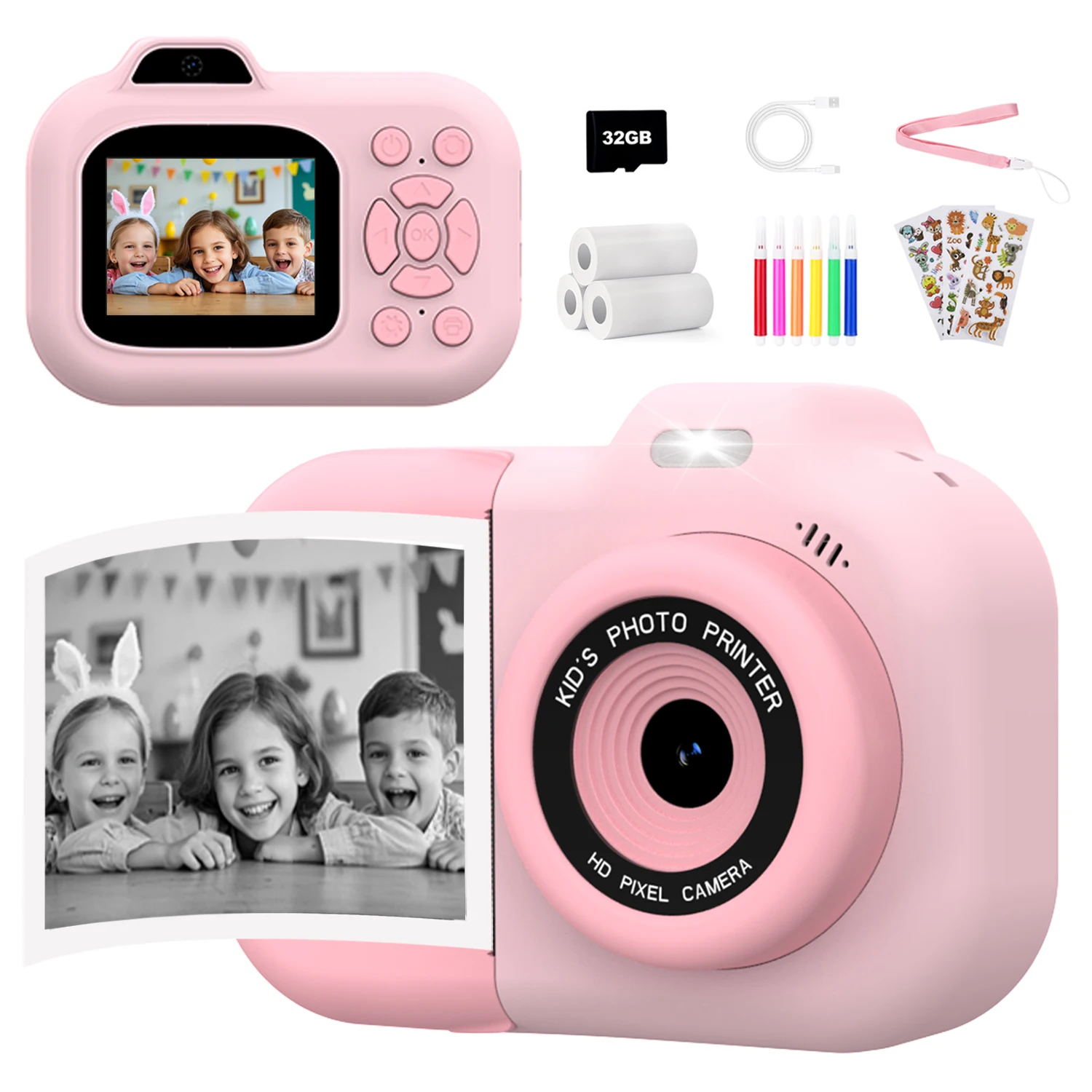 Kids Camera Photo Instant Print 1080P HD Video Record 32G Digital Camera Christmas Birthday Gifts Toys Camera for Girls Boys