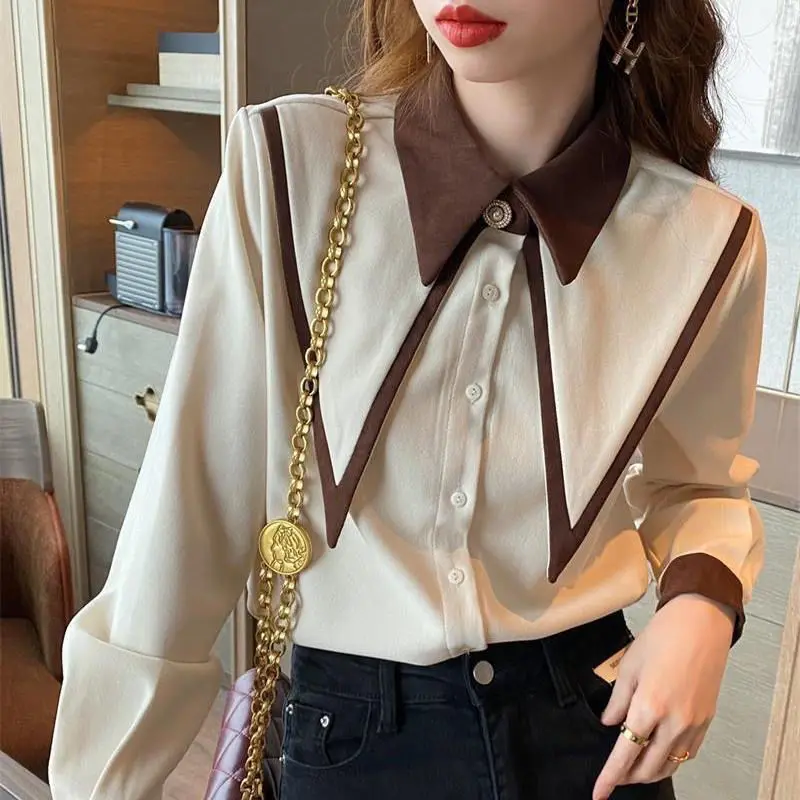 Retro Thin Shirt Women\'s Versatile Spring and Autumn Outfit New Korean Version Loose Slimming Pointed Collar Top Shirt