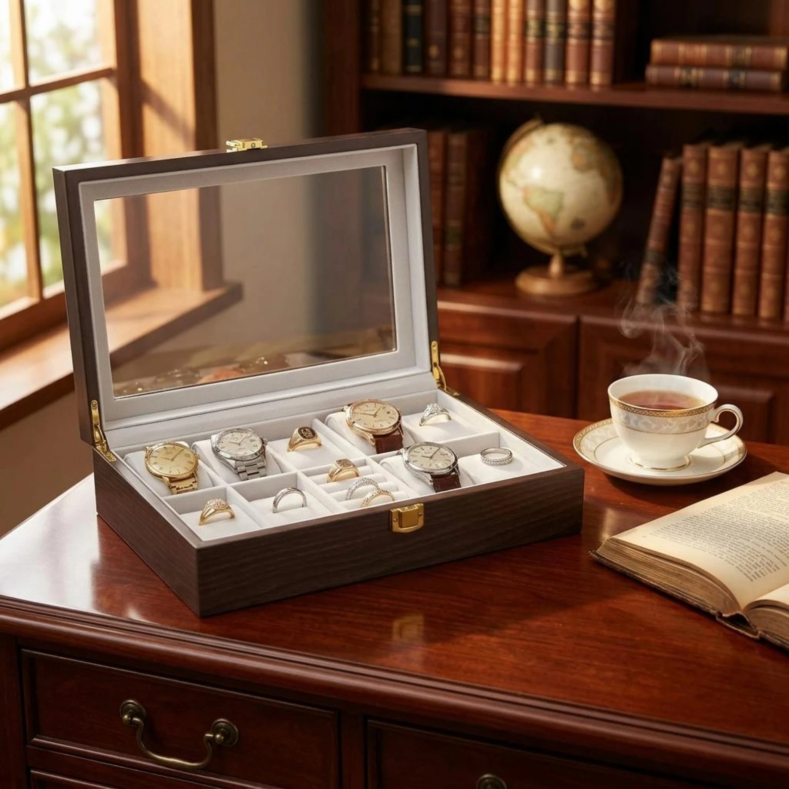 Watch Organizer Box Padded Compartments Wooden Watch Box Wood Grain Gold-Tone Clasp