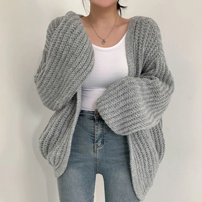 

Chic V-Ne Loose Casual Pure Color Lantern Sve Knitted Open Cardigan Sweater Outerwear for Women Autumn Lazy Sle