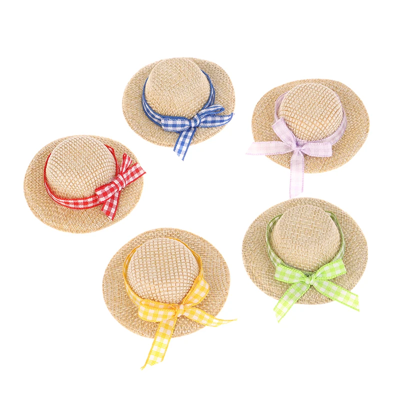 2Pcs Miniature Straw Hat Mini Doll Straw Hats With Bow Hat Doll House Ornament Hand Weaved Dollhouse Accessories