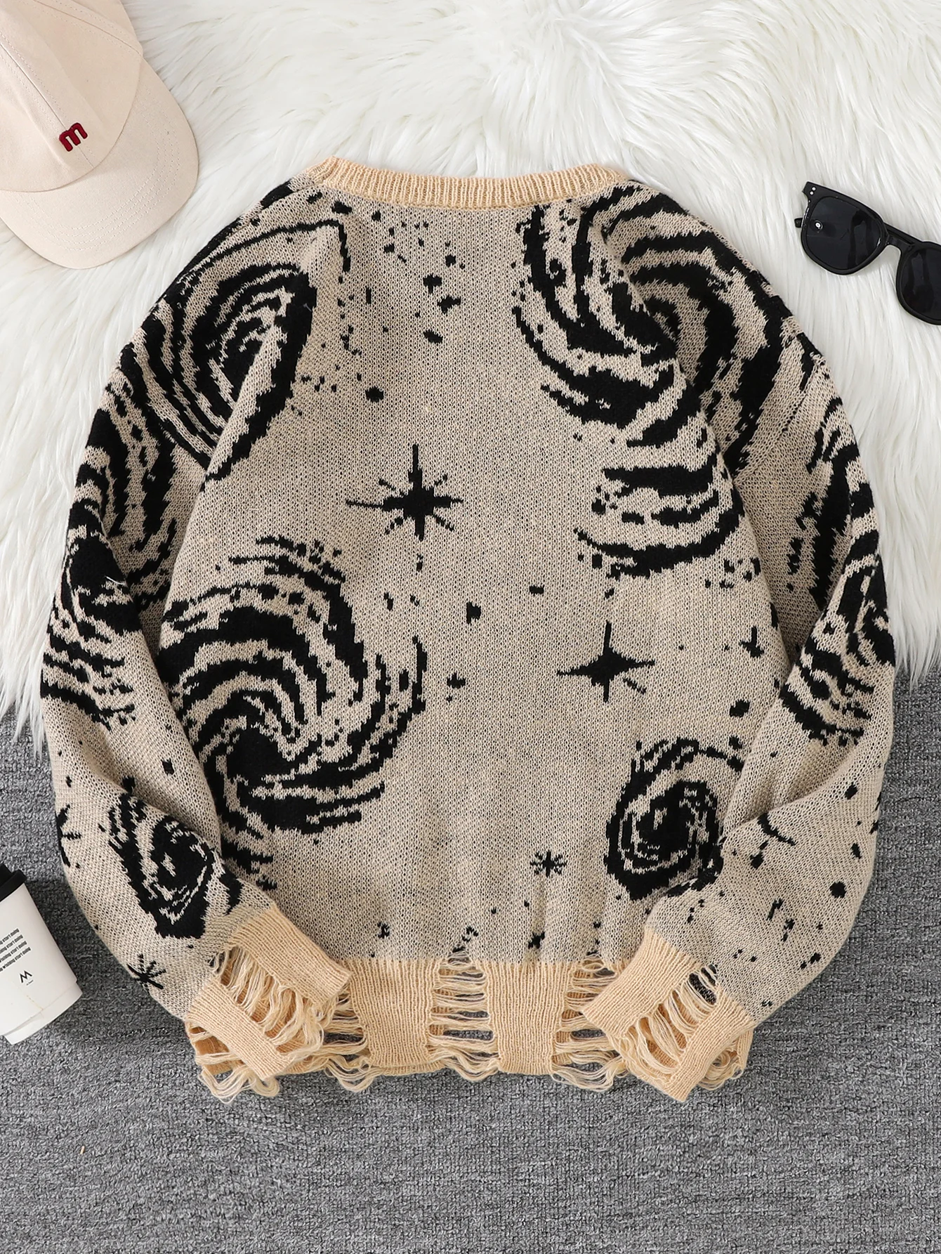 New Trendy Street Style Ripped Abstract Starry Sky Pattern Pullover Ripped Sweater Casual Crew Neck Knitted Men's Pullover