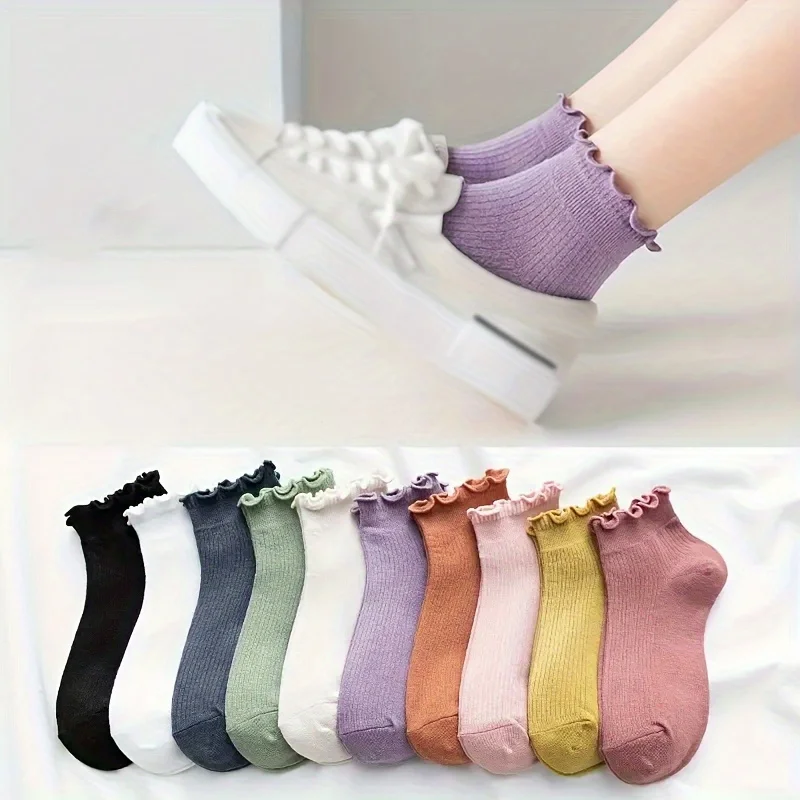 

10 Pairs of Adorable Lettuce Trim women Socks-Ultra-Soft & Comfy, Solid Colors for Women - Perfect Fit, Cute Short Socks
