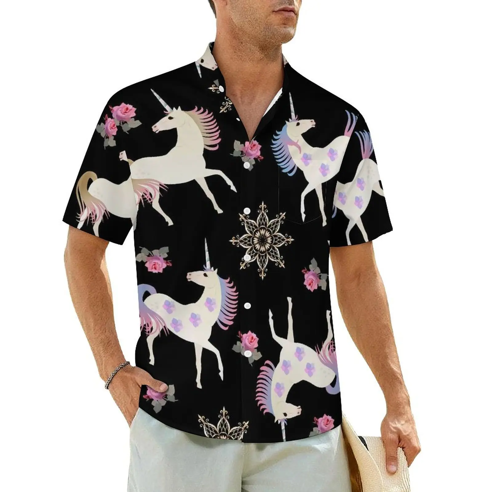 

Cute Unicorn Hawaiian Shirt For Men Beach Pink Floral Casual Shirts Short-Sleeve Street Style Design Cool Oversized Blouses