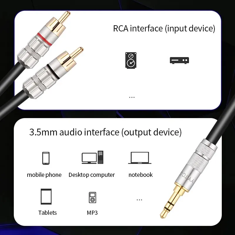 Adapter kabla Aux YYTCG-CM, kabel audio TV, wzmacniacz PC, kino domowe, kabel głośnikowy DVD, 3,5 mm na 2RCA, 3,5 mm