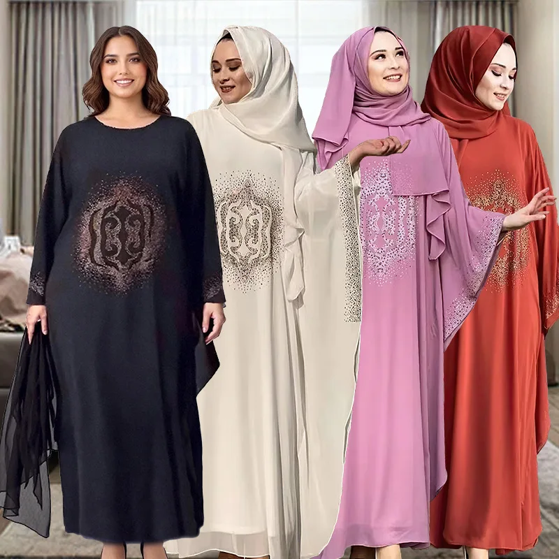 

Dress Muslim Women Abaya Dubai Dresses Kaftan Jalabiya Diamonds Headscarf 2025 Vestidos Long Robe Eid Ramadan Morocco Abayas