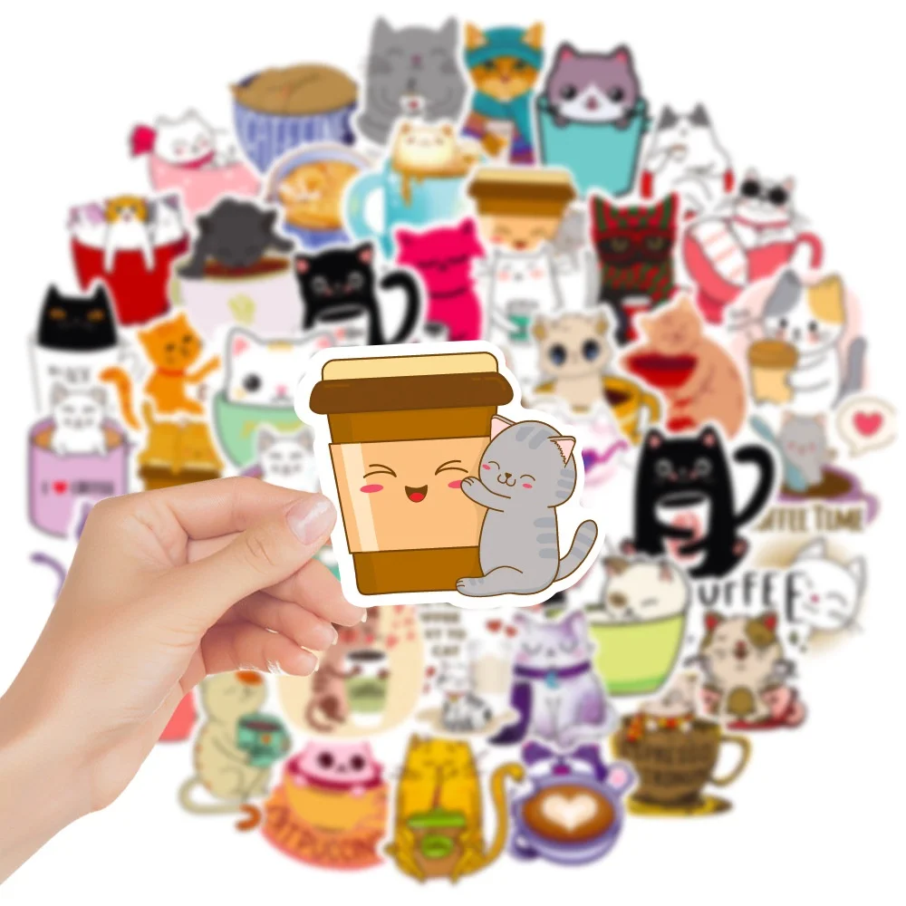 50 Buah/Set Stiker Tahan Air Kucing & Kopi untuk Stiker Helm Ponsel Toko BulingBulingStickers