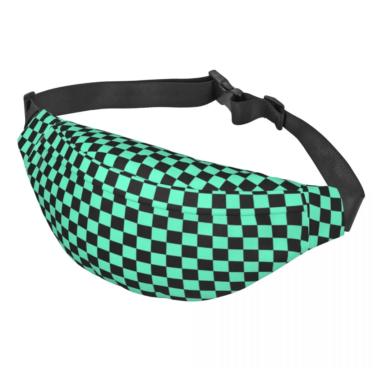 Custom Casual Checkerboard Pattern Fanny Pack Men Women Mint Green And Black Plaid Sling Crossbody Waist Bag Phone Money Pouch